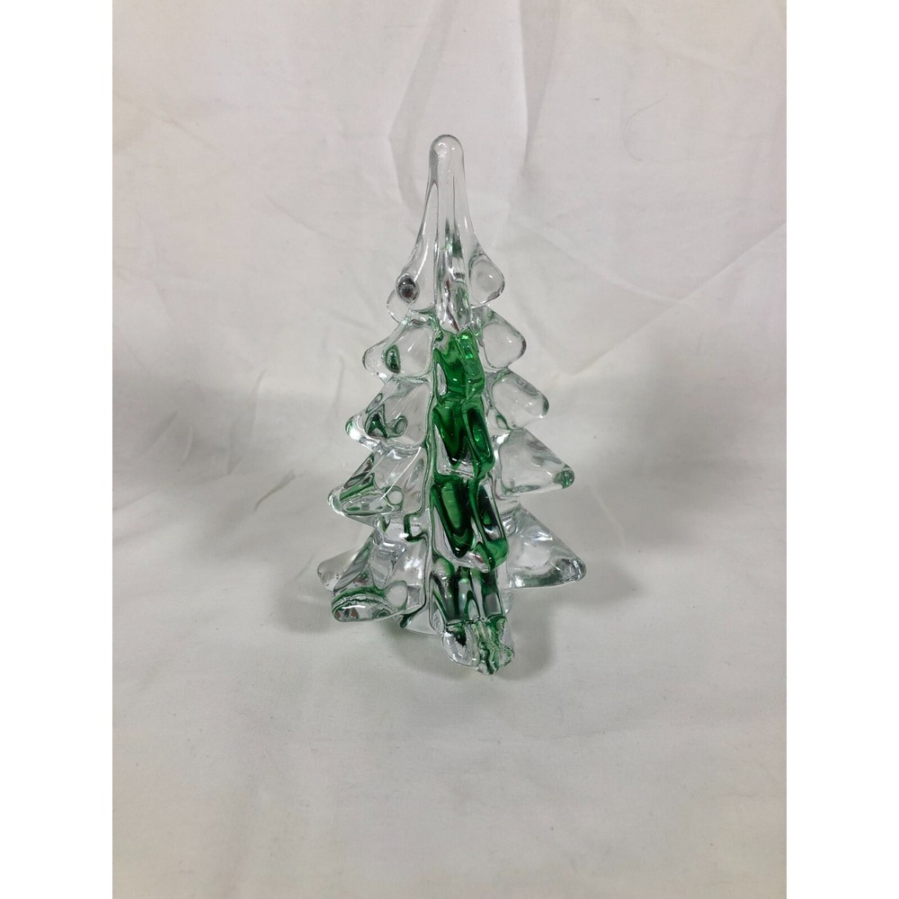 Vintage Crystal Christmas Tree Modern Art Glass Green Ribbon Silvestri 6"‎